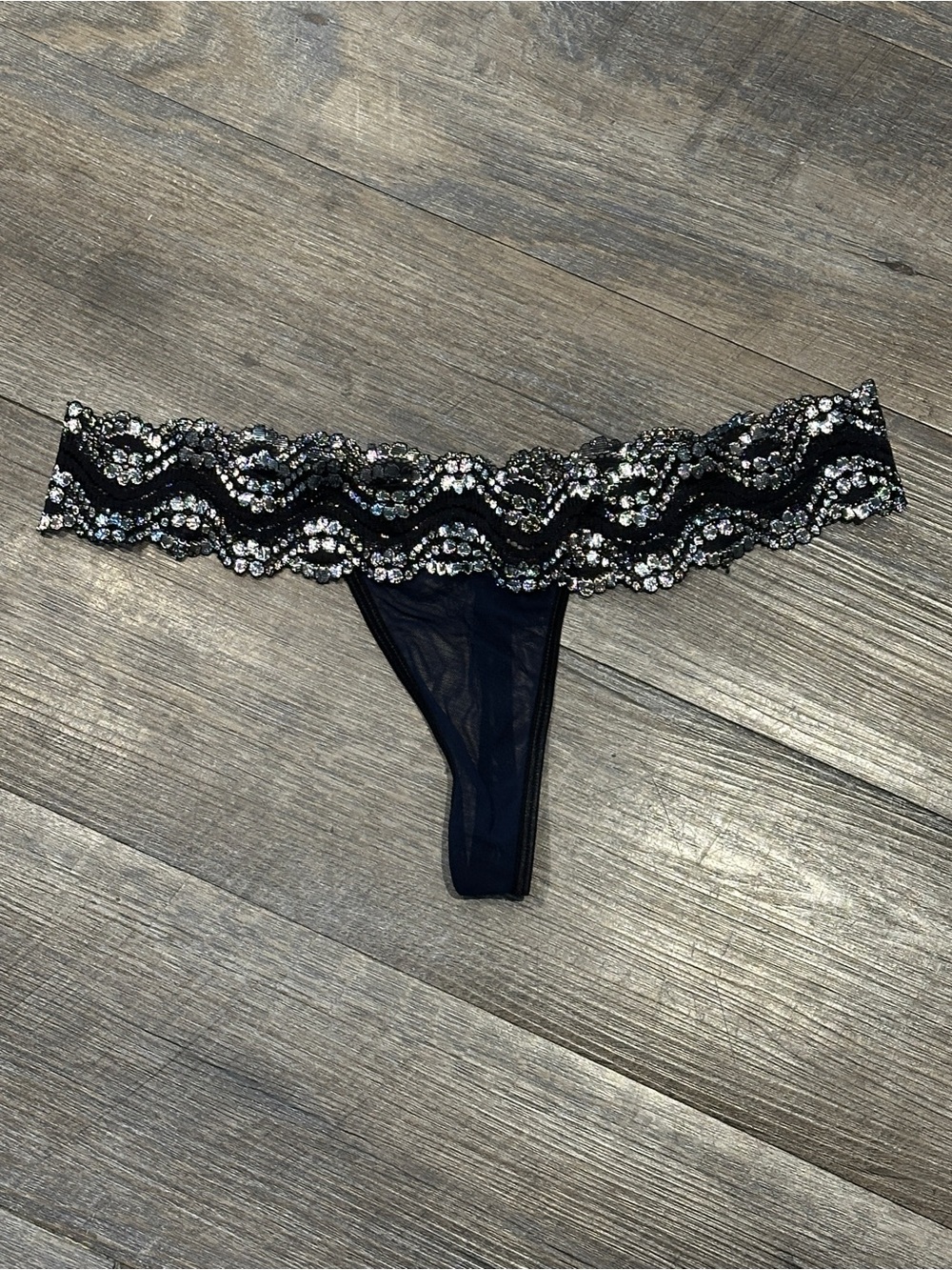 Yandy Blue Black Silver Thong Medium NWOT